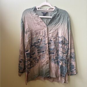 Citron Silk Chinese Landscape Print Blouse XL Asian Pagoda Art Top